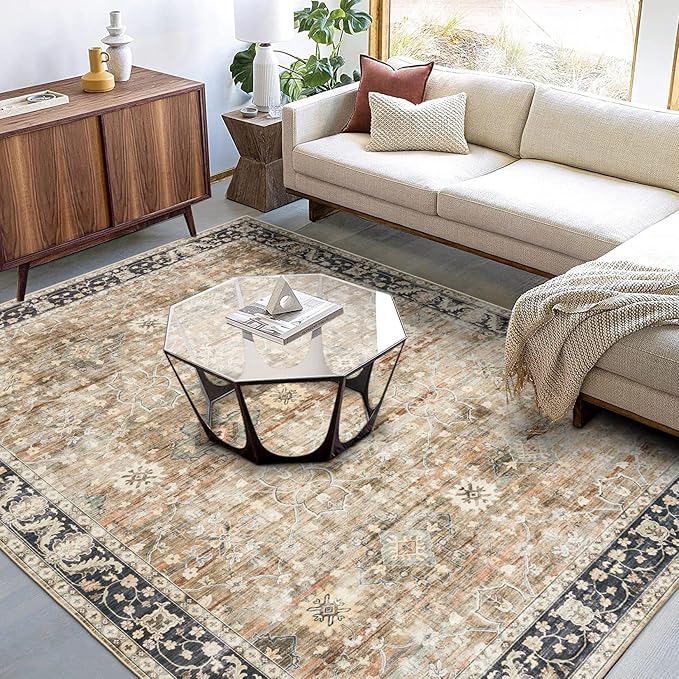 ReaLife Rugs Machine Washable Area Rug - Living Room Bedroom Bathroom Kitchen Entryway Office - Padded Low Pile Stain Resistant Premium - Boho Farmhouse Vintage - BEV - Beige Tan Brown 4' x 6'