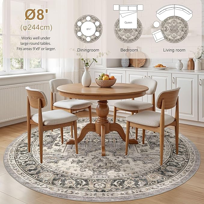 Area Rug for Living Room - 8x8 Soft Machine Washable Oriental Vintage Floral Distressed Large Indoor Floor Carpet for Bedroom Under Dining Table Home Office Decor - Brown