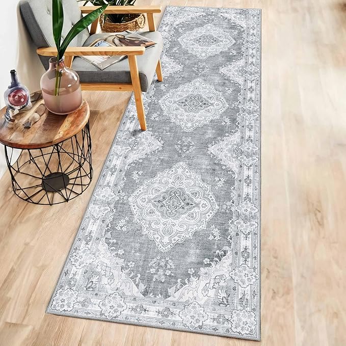 MUJOO Hallway Runner Rug 2'x8' Grey,Long Boho Rug Runners Washable Non Slip Carpet for Entryway Kitchen Bathroom Bedside,Vintage Bohemian Distressed Farmhouse Non Slip Carpet,Floral