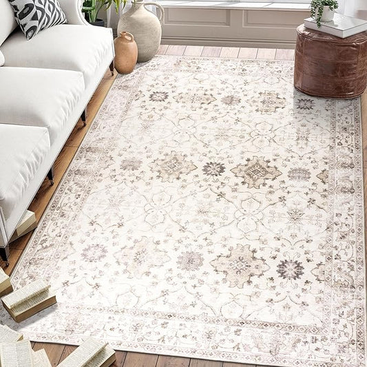 ReaLife Rugs Machine Washable Area Rug - Living Room Bedroom Bathroom Kitchen Entryway Office - Padded Low Pile Stain Resistant Premium - Boho Farmhouse Vintage - BEV - Beige 5' x 7'