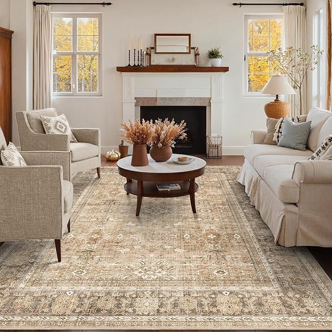 HelloTree Washable Rugs 5x7 Area Rug for Living Room, Vintage Boho Khaki Rug Non Slip Carpet Retro Accent Indoor Mat Print Distressed Low Pile Throw Large Rug for Office Bedside-Khaki