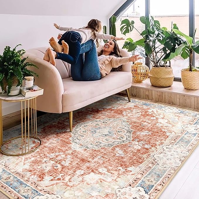 MUJOO Boho Rug 4'x6.5' Area Rugs for Bedroom Living Room Dining Room Small Rugs Machine Washable Carpet for Office Dorm Bedside Kitchen Laundry Room Accent Soft Low-Pile Floral Orange