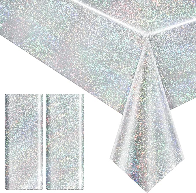 2 pcs Silver Holographic Tablecloths Shiny Disco Laser Table Cloths 40" x 108" Iridescence Plastic White Table Cover for Birthday Party Decoration Wedding Christmas Winter Grad Party Supplies