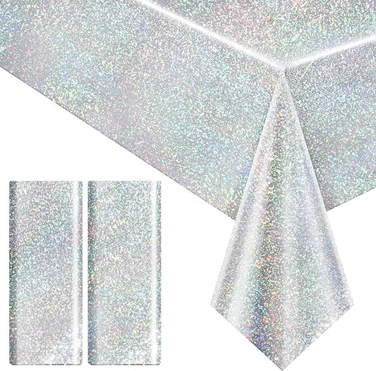 2 pcs Silver Holographic Tablecloths Shiny Disco Laser Table Cloths 40" x 108" Iridescence Plastic White Table Cover for Birthday Party Decoration Wedding Christmas Winter Grad Party Supplies