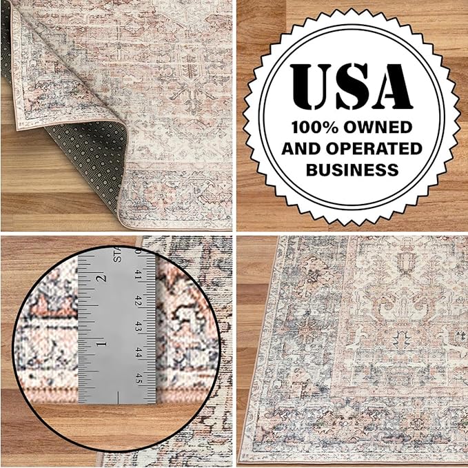 ReaLife Rugs Machine Washable Area Rug - Living Room Bedroom Bathroom Kitchen Entryway Office - Padded Low Pile Stain Resistant Premium - Boho Farmhouse Vintage - Lyle - Gray Ivory Blush 4' x 6'