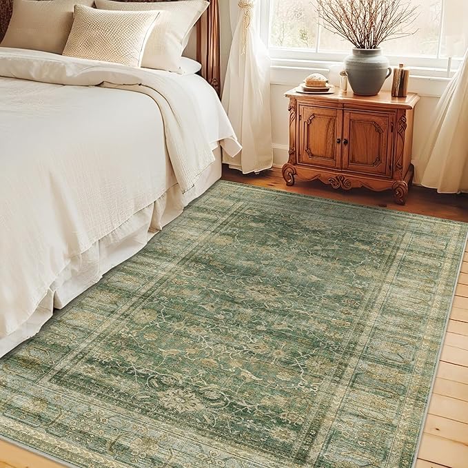HelloTree Vintage Area Rug 3x5 Green Entryway Office Washable Carpet Non Slip Backing Printed Distressed Rugs for Bedroom Vintage Boho Tribal Area Rugs for Bathroom Bedroom Dining Living Room-Green
