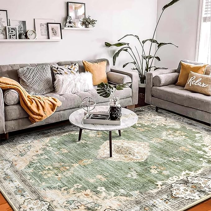 MUJOO Green Rug 8'x10' Area Rugs for Living Room Washable Rugs Large Area Rug Boho Area Rug 8'x10' for Bedroom Non Slip Abstract Soft Low-Pile Floral Flowers