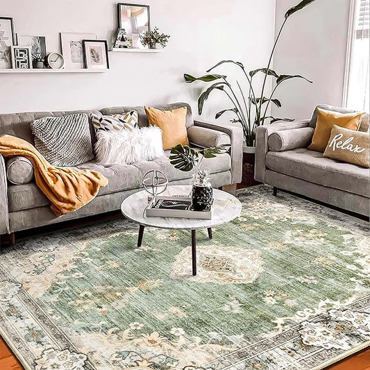 MUJOO Green Rug 8'x10' Area Rugs for Living Room Washable Rugs Large Area Rug Boho Area Rug 8'x10' for Bedroom Non Slip Abstract Soft Low-Pile Floral Flowers