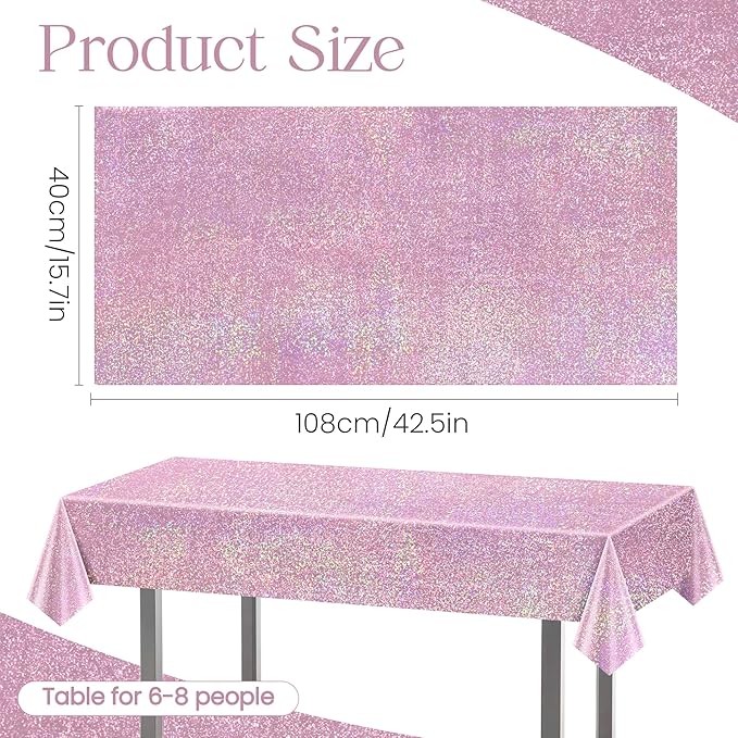 8 pcs Pale Pink Holographic Laser Tablecloths Light Pink Shiny Table Covers 40" x 108" Disposable Rectangle Table cloths for Girl Birthday Party Wedding Anniversary Bachelorette Baby Shower Décor