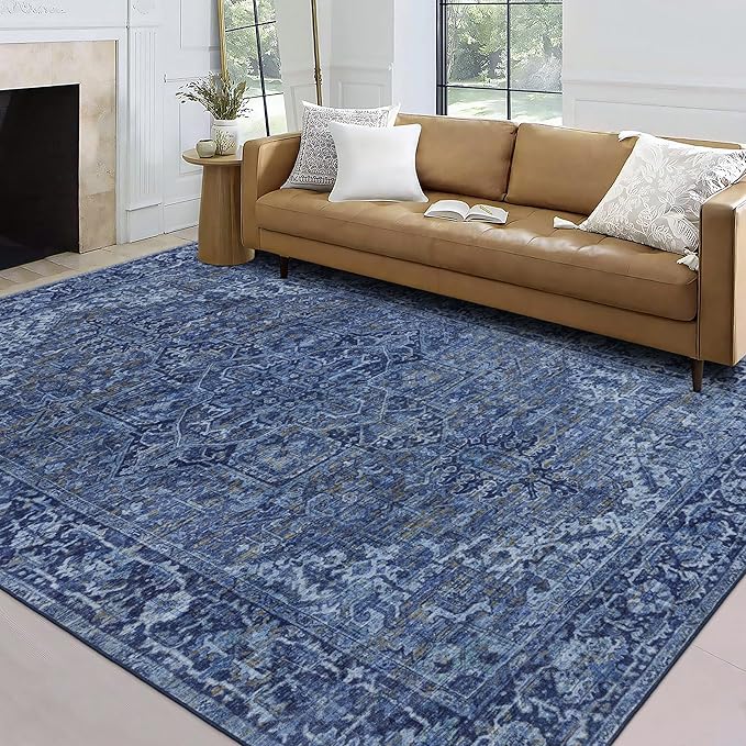 ReaLife Rugs Machine Washable Area Rug Runner - Living Room Bedroom Bathroom Kitchen Entryway Office - Padded Low Pile Stain Resistant Premium - Boho Vintage Traditional - Lyle - Blue 3' x 5'