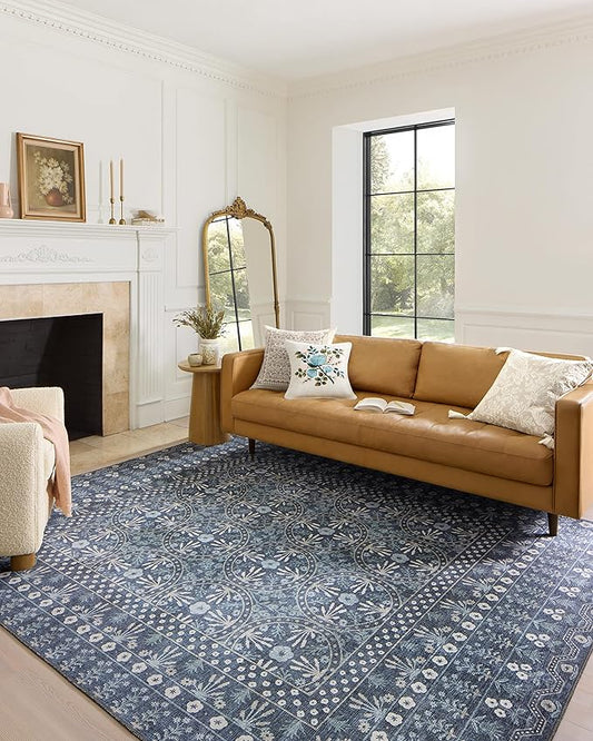 Loloi Rifle Paper Co. Maison Collection MAO-03 Rosette Blue 5'-0" x 5'-0", .19" Pile Height, Round Area Rug