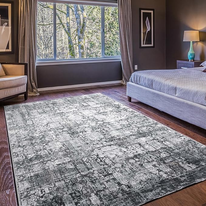 Area Rug 5×7, Vintage Boho Rug,Ultra-Soft Low Pile, Washable, Non Slip,Stain Resistant Printed Carpet for Living Room Bedrooms Playroom Office Kitchen, Dark Stone