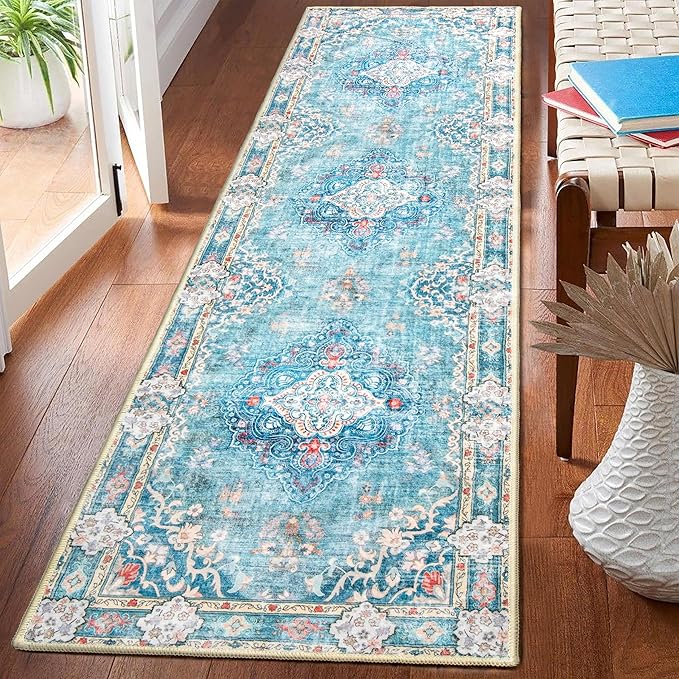 MUJOO Hallway Runner Rug 2'x8' Teal Long Rug Runners Boho Machine Washable Non Slip Carpet for Entryway Kitchen Bathroom Bedside Retro Soft Low-Pile Blossom