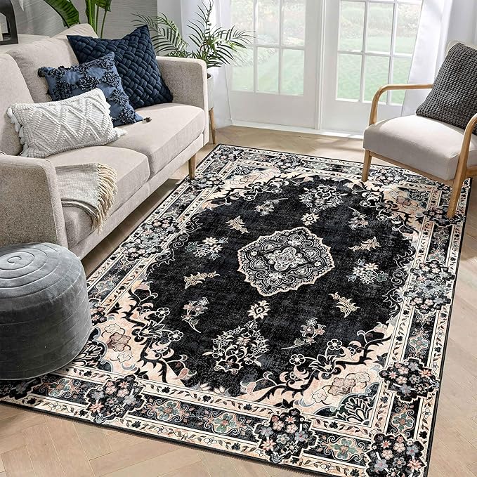 MUJOO Area Rugs 5'x7'Black,Boho Rug for Bedroom Living Room Dining Room, Large Machine Washable Non Slip Carpet Vintage Bohemian Distressed Farmhouse,Floral