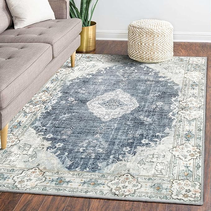 MUJOO 5'x7' Area Rugs Blue Grey Machine Washable Rugs Living Room Rugs Boho Rug for Bedroom Laundry Room Kitchen Non Slip Large Carpet Abstract Soft Low-Pile Floral