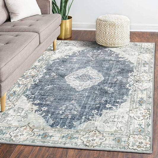 MUJOO 5'x7' Area Rugs Blue Grey Machine Washable Rugs Living Room Rugs Boho Rug for Bedroom Laundry Room Kitchen Non Slip Large Carpet Abstract Soft Low-Pile Floral