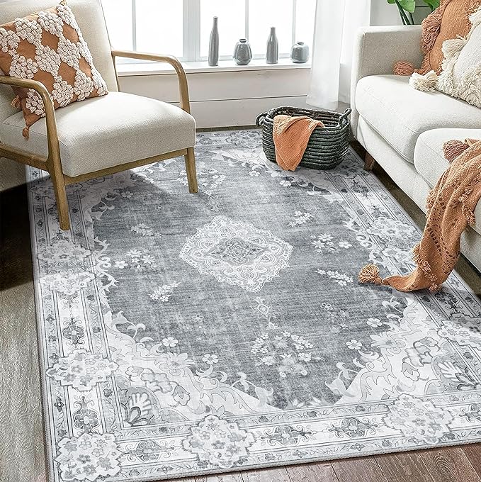 MUJOO Boho Rug 4'x6.5',Grey Area Rugs for Bedroom Living Room Dining Room,Machine Washable Non Slip Carpet Vintage Bohemian Distressed Farmhouse,Floral