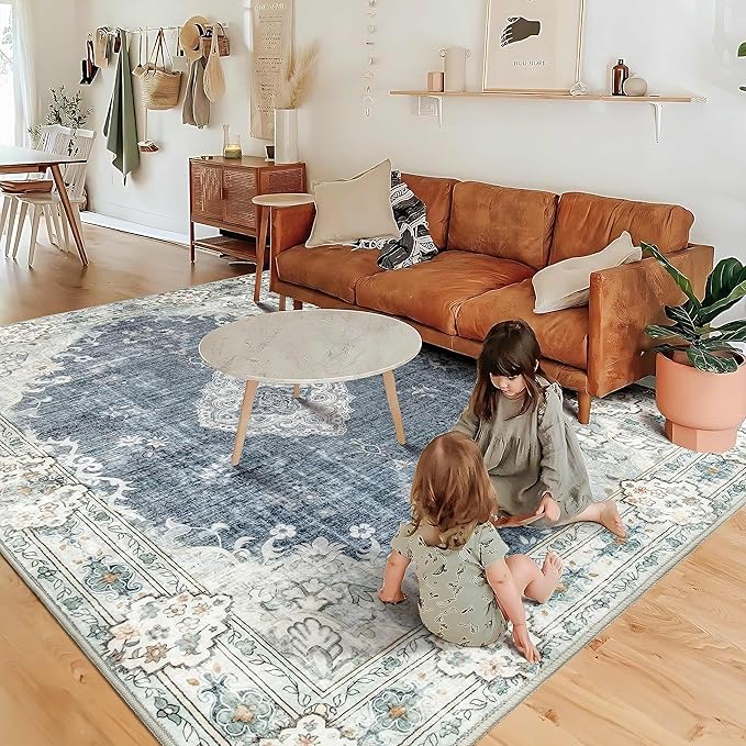 MUJOO Blue Grey Rug 6'x9' Area Rugs for Living Room Washable Rugs Large Boho Carpet for Bedroom Dining Room Neutral Vintage Farmhouse Abstract Non Slip Soft Low-Pile Floral Flowers