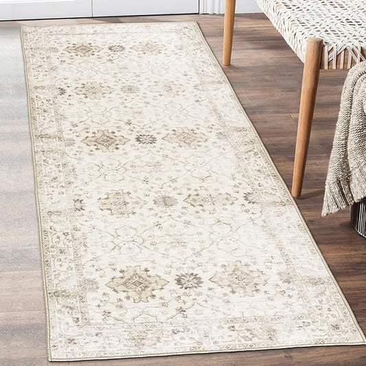 ReaLife Rugs Machine Washable Area Rug Runner - Living Room Bedroom Bathroom Kitchen Entryway Office - Padded Low Pile Stain Resistant Premium - Boho Farmhouse Vintage - BEV - Beige 2'6" x 6'