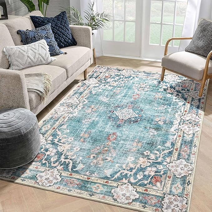 MUJOO 5'x7' Area Rugs Teal Machine Washable Rugs Living Room Rugs Boho Rug for Bedroom Laundry Room Kitchen Non Slip Carpet Abstract Soft Low-Pile Blue Floral