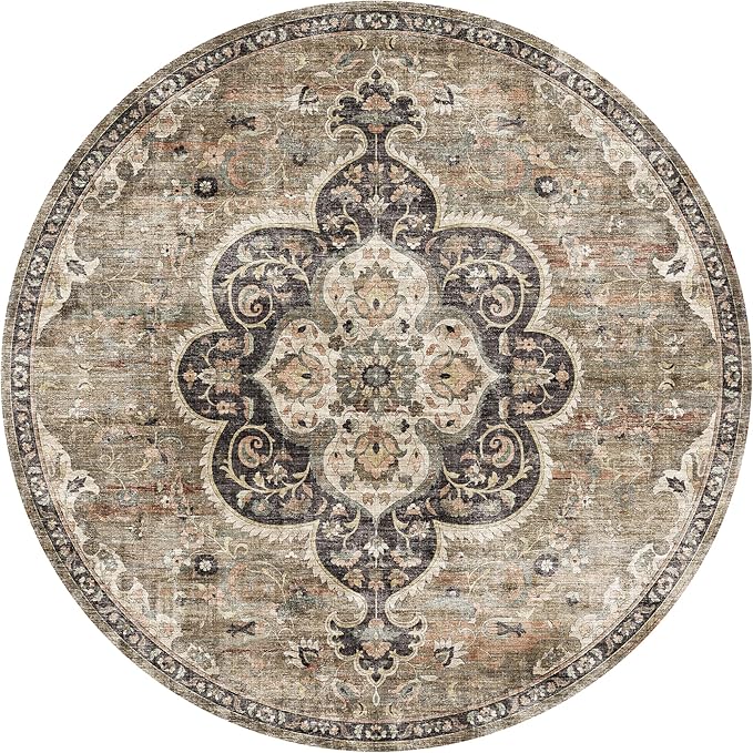 ReaLife Rugs Machine Washable Area Rug - Living Room Bedroom Bathroom Kitchen Entryway Office - Non Slip Low Pile Stain Resistant Premium - Boho Farmhouse Vintage - Joy - Brown Beige 4' Round