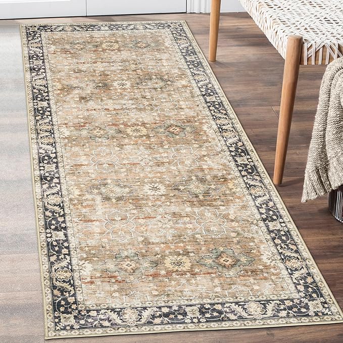 ReaLife Rugs Machine Washable Area Rug Runner - Living Room Bedroom Bathroom Kitchen Entryway - Padded Low Pile Stain Resistant Premium - Boho Farmhouse Vintage - BEV - Beige Tan Brown 2'6" x 8'