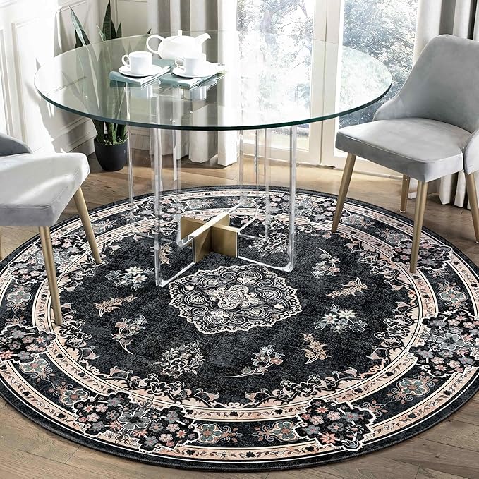 MUJOO Black Round Rug 5ft,Circle Washable Area Rugs for Bedroom Living Room Bathroom,Boho Vintage Bohemian Distressed Farmhouse Large Non Slip Circular Carpet,Floral