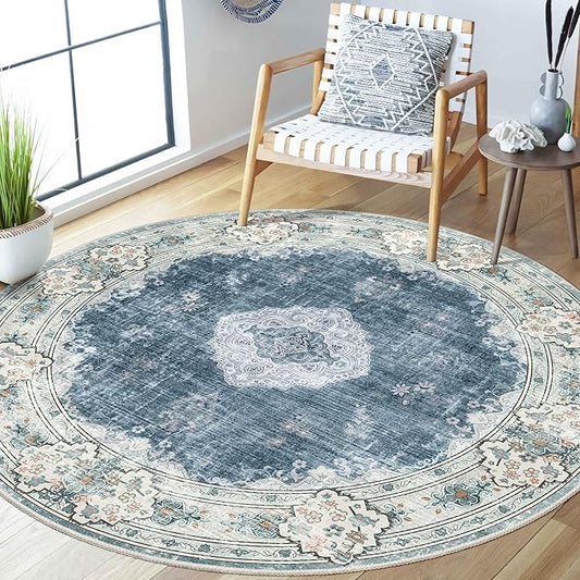 MUJOO Blue Round Rug 5ft,Circle Washable Area Rugs for Bedroom Living Room Bathroom,Boho Large Non Slip Circular Carpet,Floral