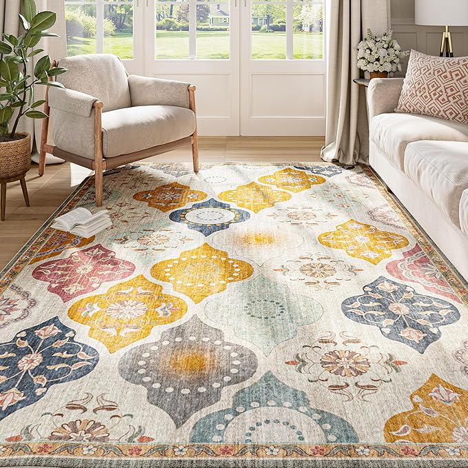 EnHomee Washable Area Rugs 4x6, Soft Area Rug for Living Room Bedroom, Boho Non Slip Low Pile Stain Resistant Washable Rug Large Carpet for Dining Room,Easy to Clean Living Room Rug, Colorful