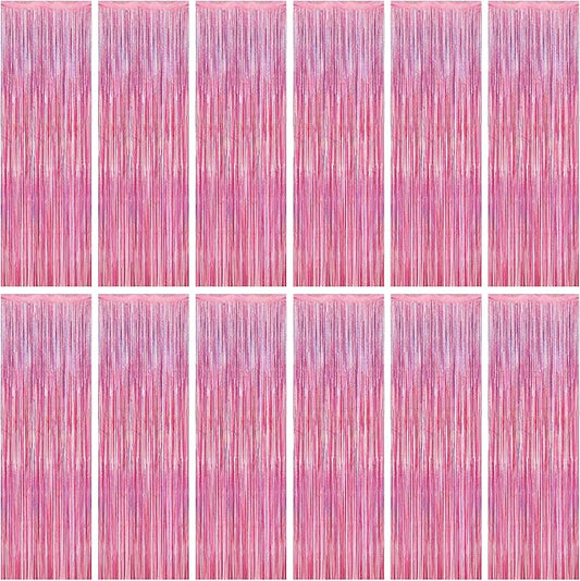 12 Pack Pink Backdrop, 3.28 FT x 7.05 FT Foil Streamers, Metallic Glitter Backdrop Pink Tinsel Fringe Curtains Party Streamers, Pink Birthday Valentines Day Party Decorations Photo Booth Props