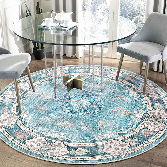 MUJOO Teal Round Rug 5ft,Circle Washable Area Rugs for Bedroom Living Room Bathroom,Boho Large Non Slip Circular Carpet,Floral