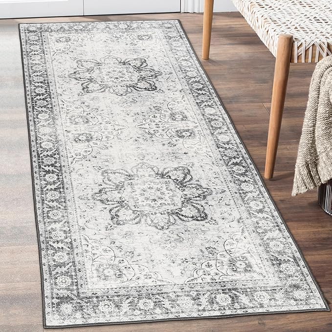 ReaLife Rugs Machine Washable Area Rug Runner - Living Room Bedroom Bathroom Kitchen Entryway Office - Padded Low Pile Stain Resistant Premium - Boho Farmhouse Vintage - Joy - Gray 2'6" x 8'