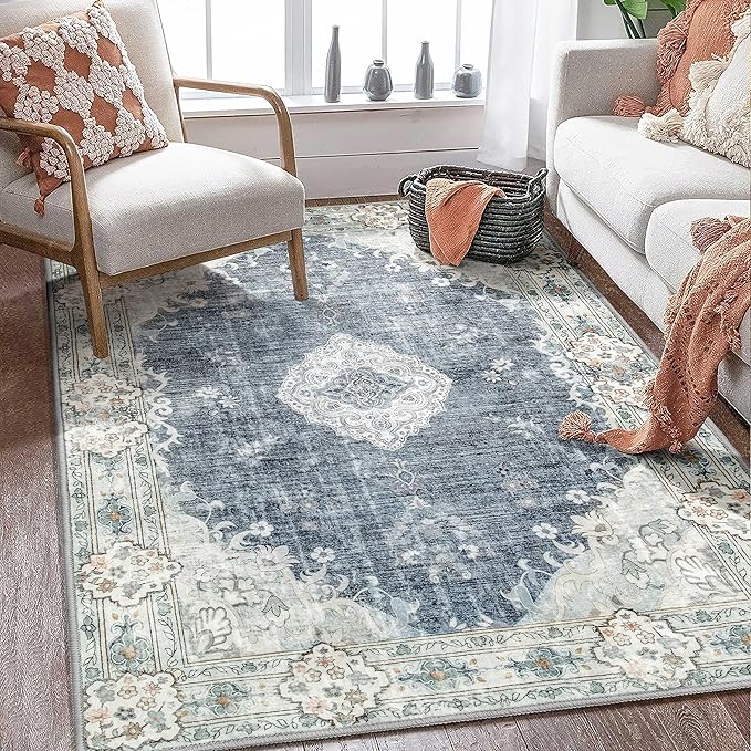MUJOO Boho Rug 4'x6.5' Area Rugs for Bedroom Living Room Dining Room Blue Grey Rugs Machine Washable Non Slip Carpet for Office Dorm Kitchen Laundry Room Accent Soft Low-Pile Floral