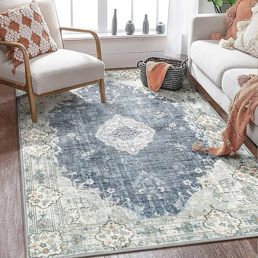 MUJOO Boho Rug 4'x6.5' Area Rugs for Bedroom Living Room Dining Room Blue Grey Rugs Machine Washable Non Slip Carpet for Office Dorm Kitchen Laundry Room Accent Soft Low-Pile Floral