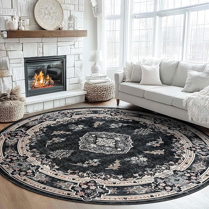 MUJOO Black Round Rug 9ft,Large Circle Washable Area Rugs for Bedroom Living Room Bathroom,Boho Non Slip Circular Carpet,Floral