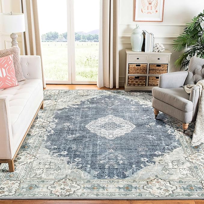 MUJOO Blue Grey Rug 6'x9' Area Rugs for Living Room Washable Rugs Large Boho Carpet for Bedroom Dining Room Neutral Vintage Farmhouse Abstract Non Slip Soft Low-Pile Floral Flowers