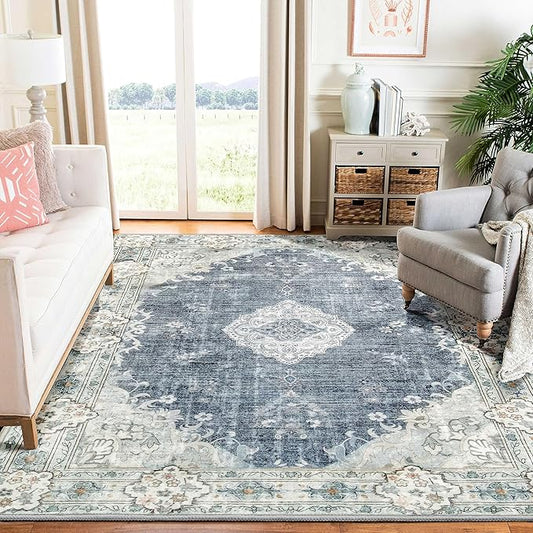 MUJOO Blue Grey Rug 6'x9' Area Rugs for Living Room Washable Rugs Large Boho Carpet for Bedroom Dining Room Neutral Vintage Farmhouse Abstract Non Slip Soft Low-Pile Floral Flowers