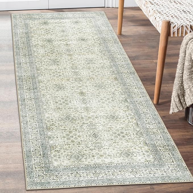 ReaLife Rugs Machine Washable Area Rug Runner - Living Room Bedroom Bathroom Kitchen Entryway Office - Padded Low Pile Stain Resistant Premium - Boho Farmhouse Vintage - BEV - Green 2'6" x 6'