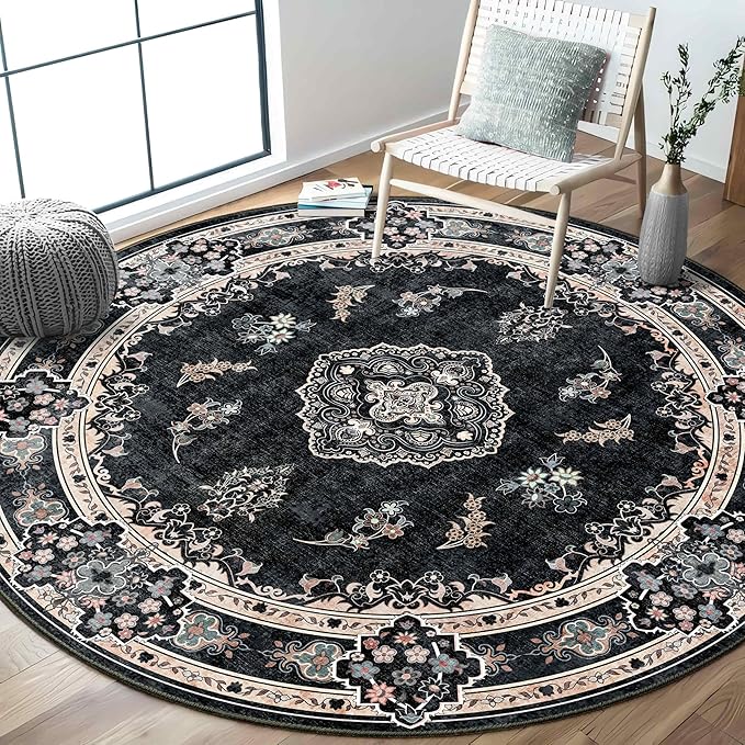 MUJOO Black Round Rug 6ft,Circle Washable Area Rugs for Bedroom Living Room Bathroom,Boho Large Vintage Bohemian Distressed Farmhouse Non Slip Circular Carpet,Floral