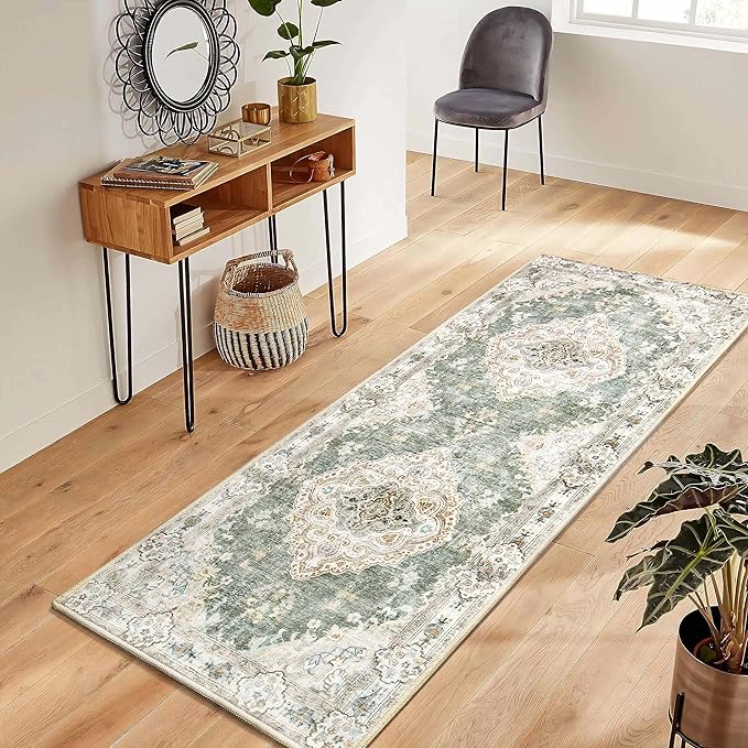 MUJOO Hallway Runner Rug - Machine Washable Non Slip Boho Green Runner for Hallways, Entryway, Kitchen, Bathroom, Bedside - Retro Soft Low-Pile 2'x6' Blossom