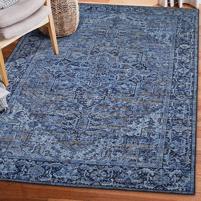 ReaLife Rugs Machine Washable Area Rug Runner - Living Room Bedroom Bathroom Kitchen Entryway Office - Padded Low Pile Stain Resistant Premium - Boho Vintage Traditional - Lyle - Blue 3' x 5'