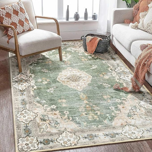 MUJOO Boho Rug 4'x6.5' Area Rugs for Bedroom Living Room Dining Room Green Small Rugs Machine Washable Non Slip Carpet for Office Dorm Bedside Kitchen Laundry Room Accent Soft Floral