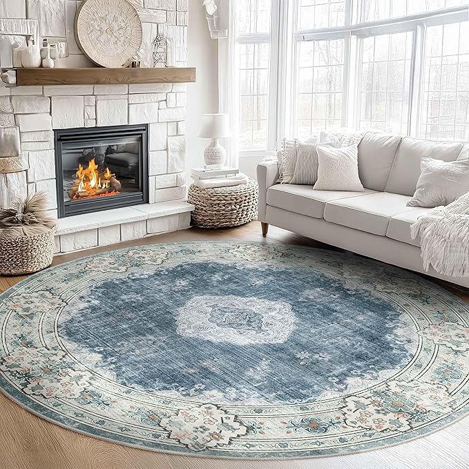 MUJOO Blue Round Rug 9ft,Large Circle Washable Area Rugs for Bedroom Living Room Bathroom,Boho Non Slip Circular Carpet,Floral