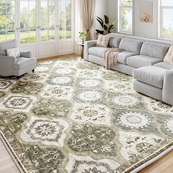 EnHomee 8x10 Area Rug, Soft Washable Rugs for Living Room Bedroom, Boho Non Slip Low Pile Stain Resistant Washable Rug Large Area Rugs for Dining Room,Easy to Clean Living Room Rug, Green