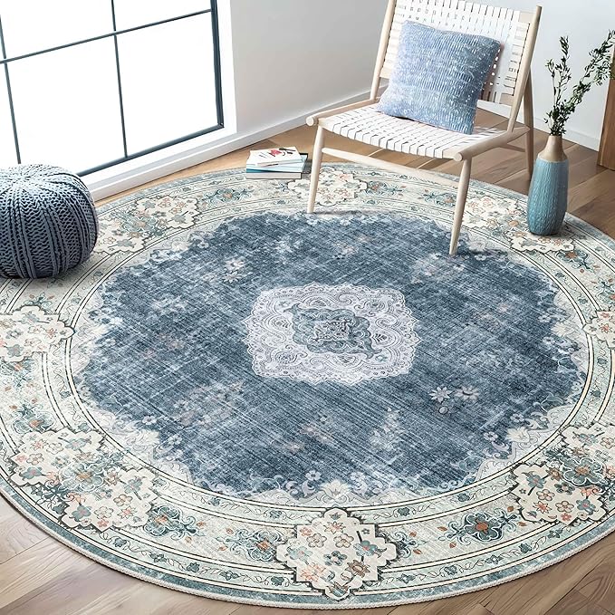 MUJOO Blue Round Rug 6ft,Circle Washable Area Rugs for Bedroom Living Room Bathroom,Boho Large Non Slip Circular Carpet,Floral