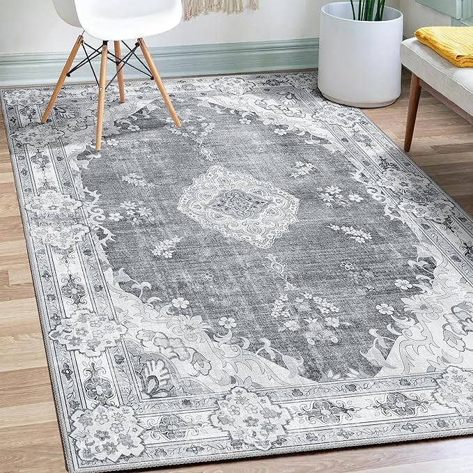 MUJOO Grey Rug 3'x5' Washable, Boho Area Rugs for Entryway Bedroom Living Room Kitchen,Small Vintage Bohemian Distressed Farmhouse Non Slip Carpet,Floral