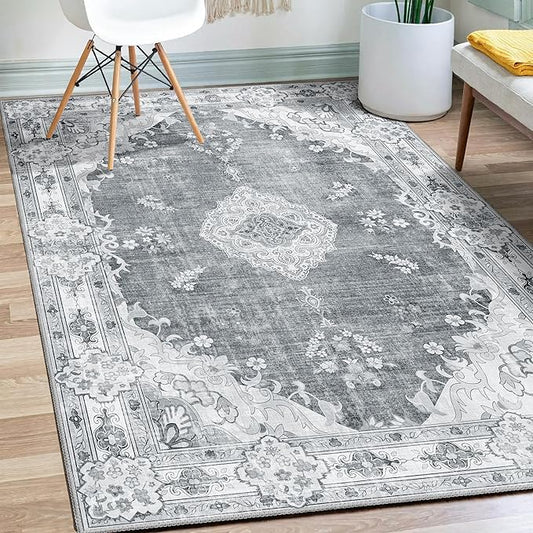 MUJOO Grey Rug 3'x5' Washable, Boho Area Rugs for Entryway Bedroom Living Room Kitchen,Small Vintage Bohemian Distressed Farmhouse Non Slip Carpet,Floral