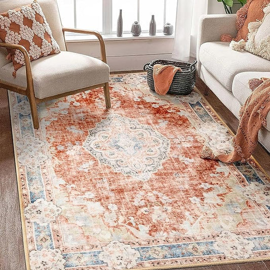 MUJOO Boho Rug 4'x6.5' Area Rugs for Bedroom Living Room Dining Room Small Rugs Machine Washable Carpet for Office Dorm Bedside Kitchen Laundry Room Accent Soft Low-Pile Floral Orange
