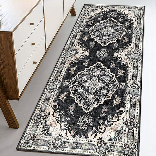 MUJOO Black Runner Rug 2'x6', Long Washable Rug Runners for Hallways Entryway Kitchen Bathroom Bedside,Boho Vintage Bohemian Distressed Farmhouse Non Slip Carpet,Floral