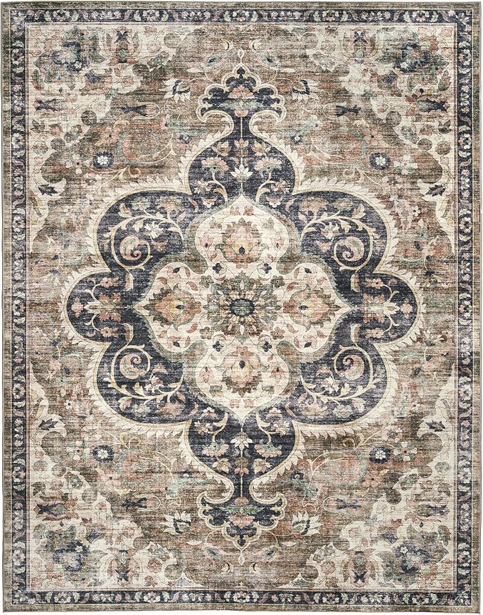 ReaLife Rugs Machine Washable Area Rug - Living Room Bedroom Bathroom Kitchen Entryway Office - Padded Low Pile Stain Resistant Premium - Boho Farmhouse Vintage - Joy - Brown Beige 7'6" x 9'6"